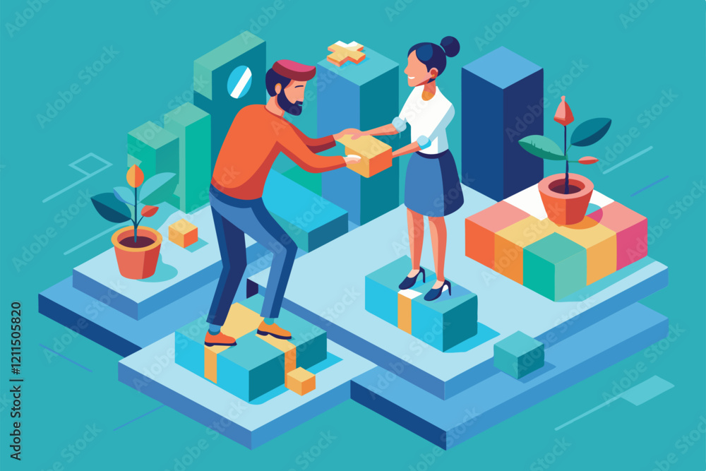 Poster two people engage in a collaborative activity in a vibrant workspace filled with colorful blocks and