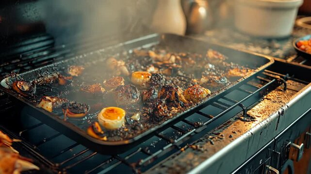 Tray of black charred vegetables on stove top. Spoiled ruined dish, potatoes are burnt in oven. Food was overcooked. Bad cook, housewife.
