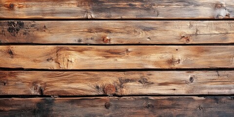 Fototapeta premium Rustic wooden planks background featuring rich brown tones and natural grain patterns arranged horizontally with knots and texture variations.