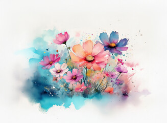 A vibrant watercolor painting of cosmos flowers in various pastel shades against a soft, blue and teal watercolor background.  The flowers are depicted with delicate brushstrokes,
