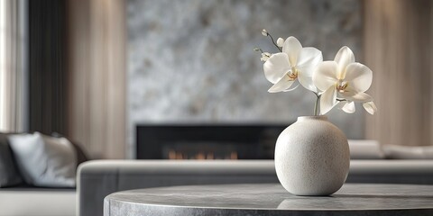 Elegant white orchids in a minimalistic ceramic vase atop a sleek gray marble table in a modern living room with soft natural lighting.
