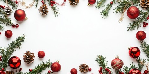 Christmas flat lay arrangement with red ornaments, pine cones, and green pine branches on a white background creating ample copy space.