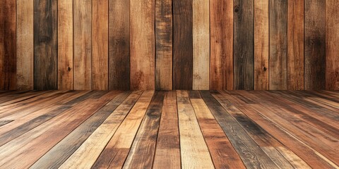 Rustic wooden flooring and wall backdrop in warm brown tones with vertical and horizontal planks creating a natural product display environment