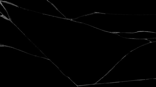 High-quality broken glass texture with sharp cracks on a black background, ideal for creating dramatic visual effects, overlays, and cinematic scenes