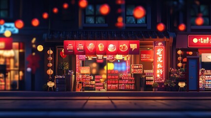 Night street scene with Asian store and lanterns.