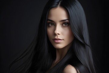 Fototapeta premium Beauty woman with straight black hair on dark background.