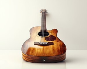 Acoustic guitar with wood grain on white background.
