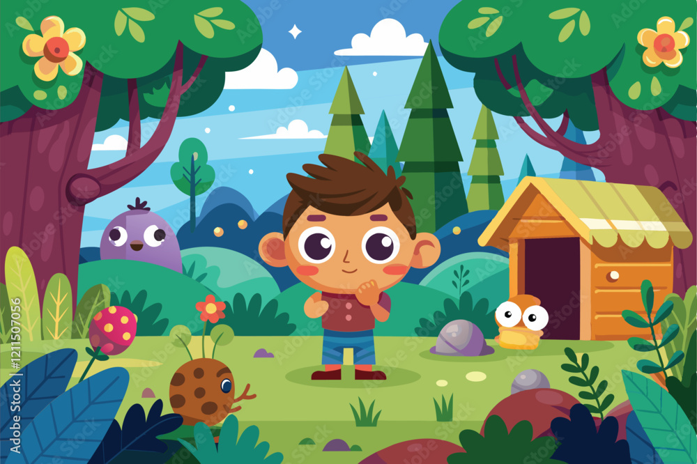 Poster a young boy stands thoughtfully in a colorful forest, getting ready for a game of hide and seek hide