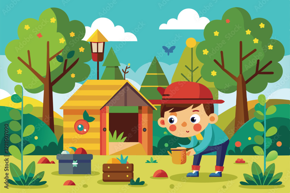 Poster a child crouches down, hiding while playing a game of hide and seek in a vibrant outdoor setting hid