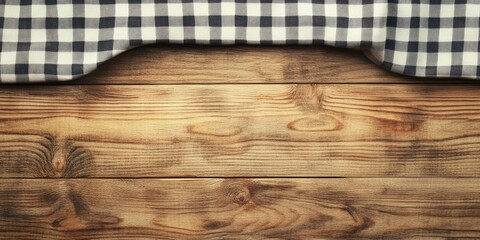 Checked tablecloth in black and white draping over rustic wooden tabletop with warm brown tones and natural wood grain pattern in the center