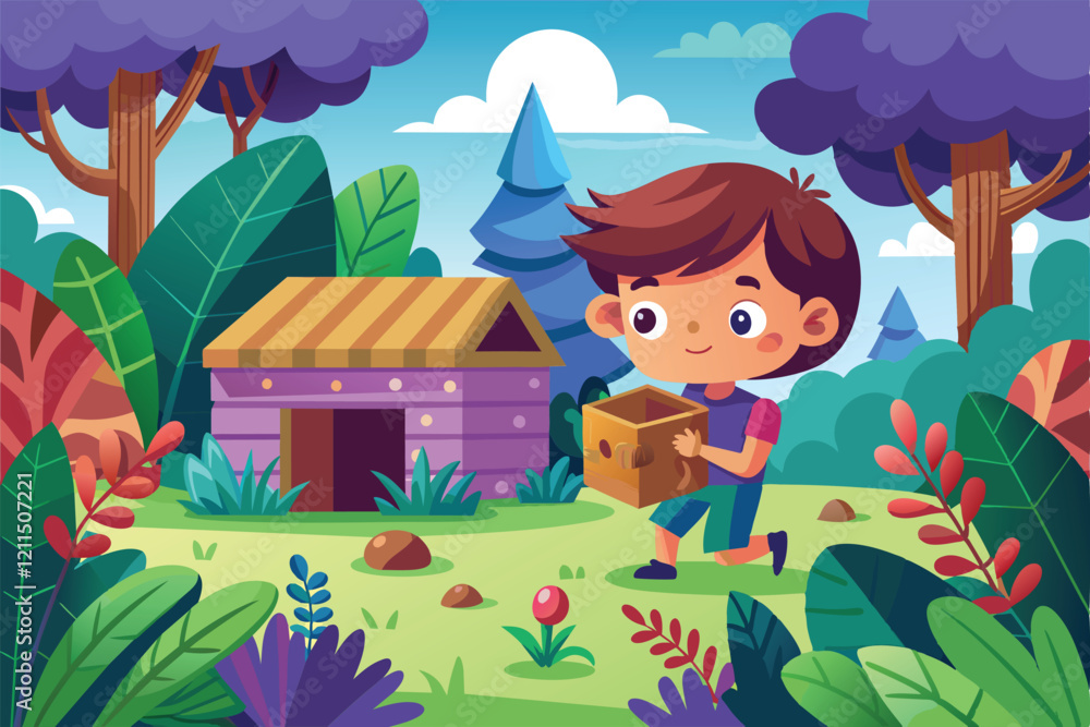 Leinwandbilder a child joyfully carries a box while exploring a vibrant forest during a fun game of hide and seek h