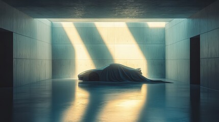 Minimalist garage with soft, diffused lighting casting subtle shadows over a fabric covering an invisible car