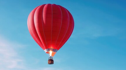 Fototapeta premium Red hot air balloon ascending, clear blue sky, travel adventure
