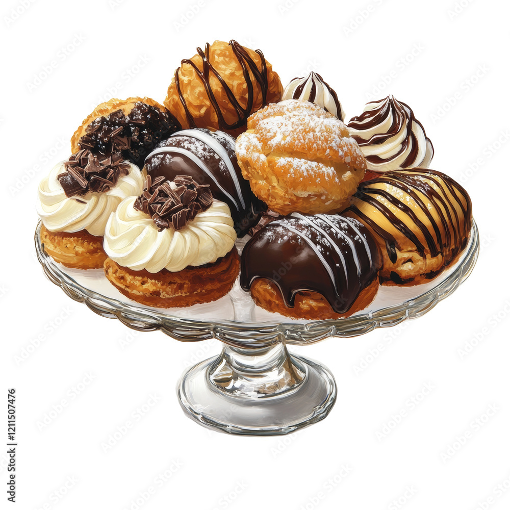 Poster an assortment of various cream puffs with chocolate and cream toppings sits on a glass cake stand.