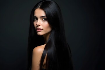 Beauty woman with straight black hair on dark background.