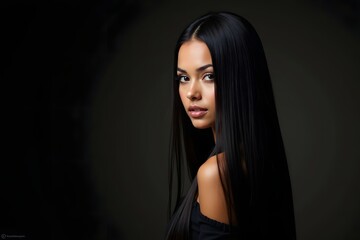 Beauty woman with straight black hair on dark background.