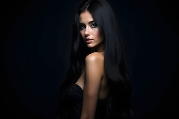 Beauty woman with straight black hair on dark background.