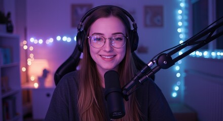 A vibrant streamer setup with a young woman wearing headphones and glasses smiling at the camera