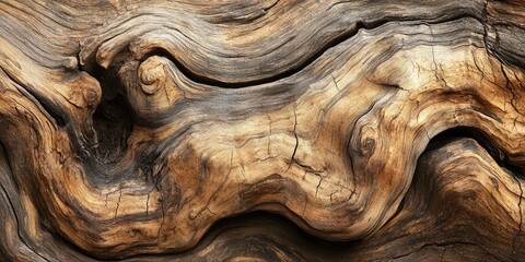 Textured brown wood surface with dark swirls and lighter highlights showcasing natural patterns and grains in an organic design.