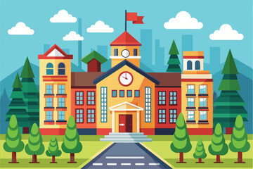 A large cartoon high school stands amidst trees and mountains under a clear blue sky High school Customizable Cartoon Illustration