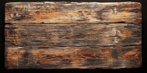 Weathered rustic wooden board with dark brown hues and deep textures, showcasing a horizontal alignment and aged, unique character.