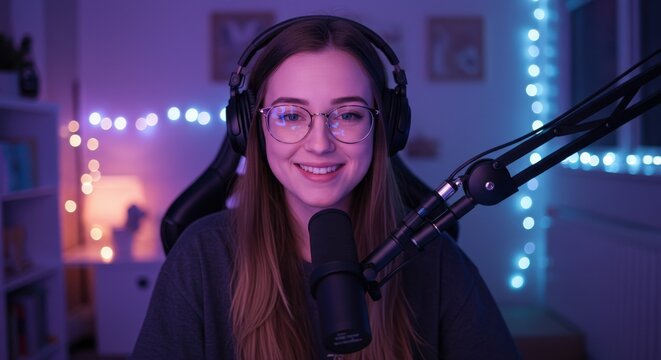A vibrant streamer setup with a young woman wearing headphones and glasses smiling at the camera