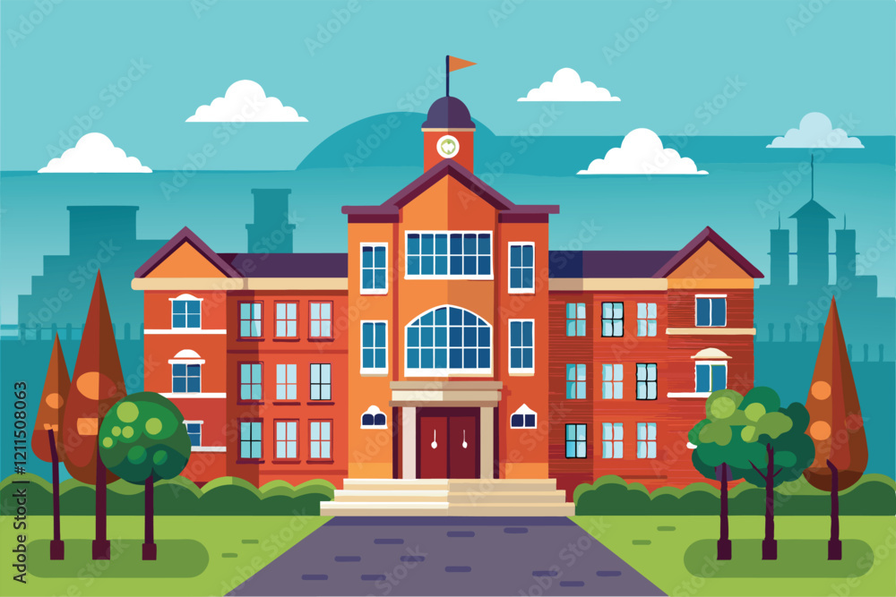 Aufkleber a modern high school building with a clock tower and colorful trees in a serene environment under a 