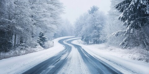 Serene winding road through a snow-covered winter landscape with frosted trees and soft gray-blue tones in a tranquil atmosphere