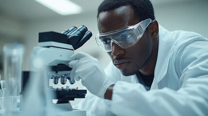 Scientist in clean lab coat examining samples with microscope in modern laboratory