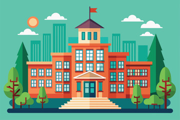 A lively high school building stands among trees and city skyscrapers under clear blue skies High school Customizable Semi Flat Illustration