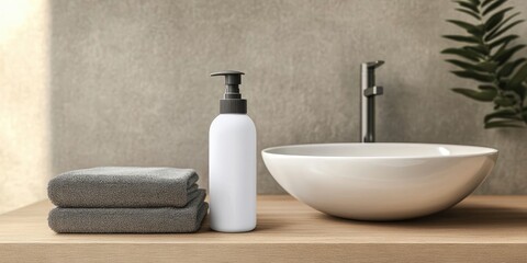 White cosmetic bottle beside two grey towels on a wooden countertop with a white vessel basin in a beige bathroom setting, minimalistic design