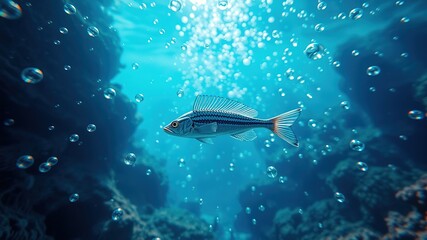 Fototapeta premium Underwater Needlefish Seascape, Blue Fish, Bubbles, Bright Colors, Sharp Focus, Stunning Ocean Scene