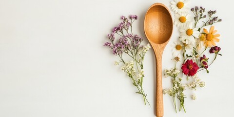 Wooden spoon placed centrally with vibrant flowers in purple, white, and red arranged to the right on a soft white background