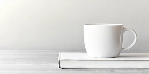 Minimalistic white cup on a white book positioned at center with soft gray background creating a clean and elegant workspace aesthetic.