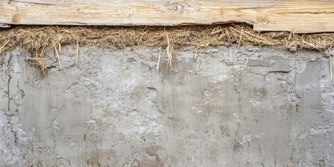 Textured gray concrete wall with a weathered wooden plank and dry straw at the top, showcasing rustic elements and earthy tones.