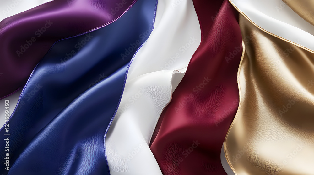Poster a futuristic triangular flag designed with alternating stripes of electric blue, crimson, and gold, 