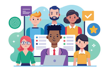 A diverse group of professionals engages in teamwork at a stylish office setting Hiring Customizable Disproportionate Illustration