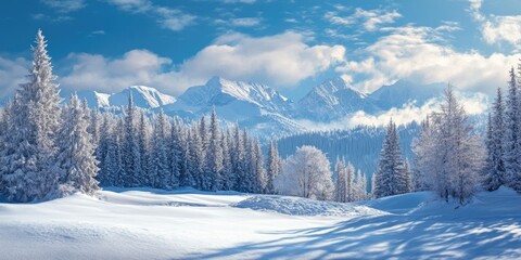 Snow-covered winter landscape with frosty trees in foreground, majestic mountains under a clear blue sky, soft clouds accentuating depth.