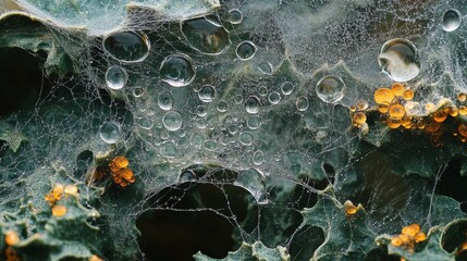 Morning dewdrops on a spider web, intricate and natural details