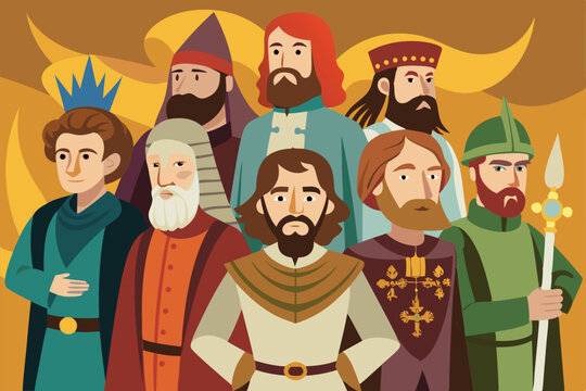 Historic medieval figures gather in a castle for a significant event, showcasing diverse roles and attire Historic Medieval Persons,