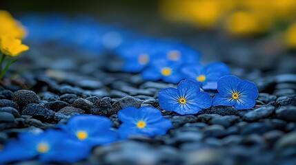 Fototapeta premium Serene Blue Flowers Path: A Stunning Macro Shot of Blue Forget-Me-Nots on Dark Pebbles