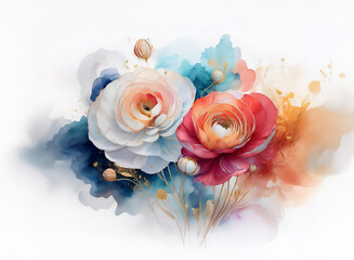 A vibrant bouquet of watercolor flowers, featuring peach, red, and white blooms against a soft, colorful background.  The artwork is adorned with gold accents  creating a dreamy, romantic feel.