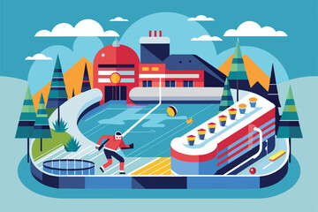 A hockey player skates across a colorful ice rink surrounded by mountains and trees Hockey Customizable Flat Illustration