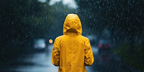 Woman in a yellow raincoat facing away in heavy rain on a dark road with blurred headlights glistening in the background.
