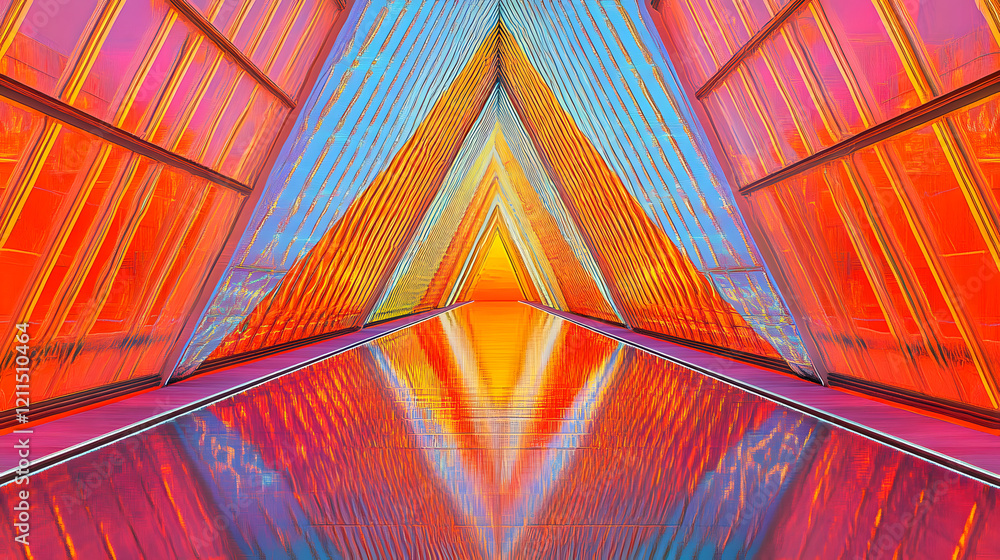 Poster a futuristic triangular flag designed with alternating stripes of electric blue, crimson, and gold, 