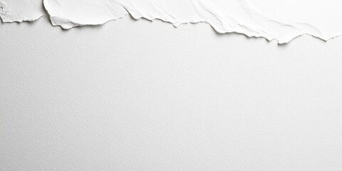 Torn white paper texture with soft shadows on a clean gray background creating ample space for text or images in the upper left corner
