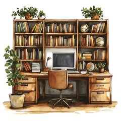 Fototapeta premium Watercolor Illustration of a Cozy Home Office with Bookshelves and Desk