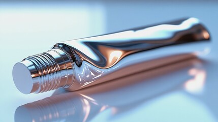 Sleek silver metallic tube dispensing glossy pearl-white cream on white surface