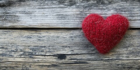 Fototapeta premium Woolen red heart shape on a rustic weathered wooden surface with gray and brown tones symbolizing love and warmth for Valentine's Day