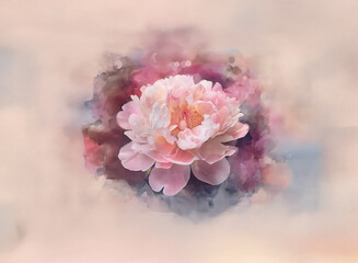 Fototapeta premium A delicate peach peony blossoms, its petals soft and luminous against a dreamy, blurred watercolor background of muted pinks, purples, and grays. The effect is serene and ethereal.